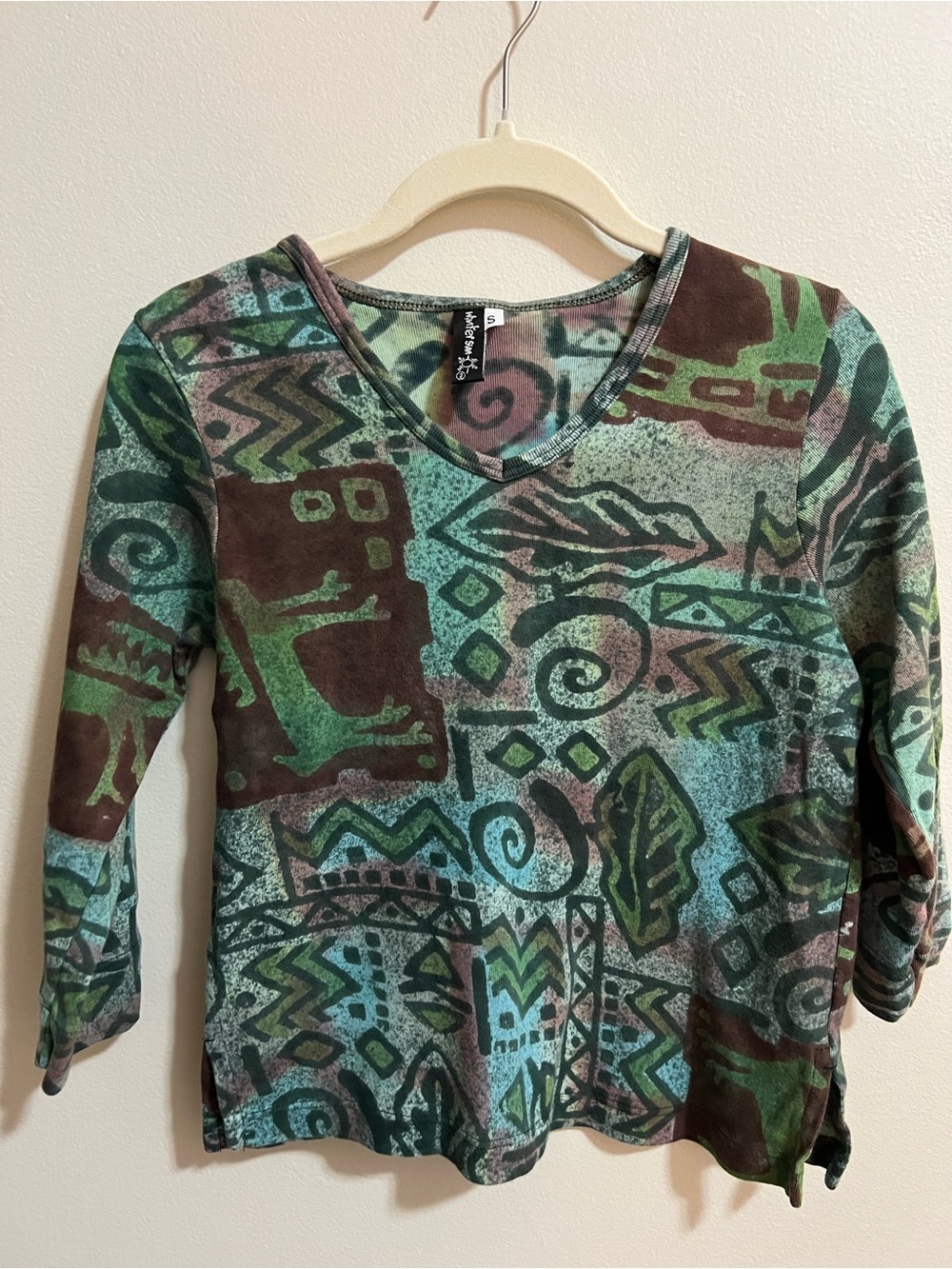 Winter Sun Aztec Print V-neck Top in Green and BrownY2K